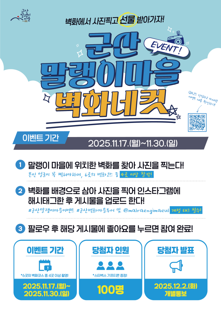 군산 말랭이마을 벽화네컷 이벤트 안내 포스터. 이벤트 기간은 2025년 11월 17일부터 30일까지이며, 마을 내 6곳의 벽화 중 4곳 이상에서 사진을 찍어 인스타그램에 해시태그와 함께 업로드하고 계정을 팔로우하면 참여 완료된다. 당첨자 100명에게 스타벅스 기프티콘을 증정하며, 발표일은 12월 2일이다