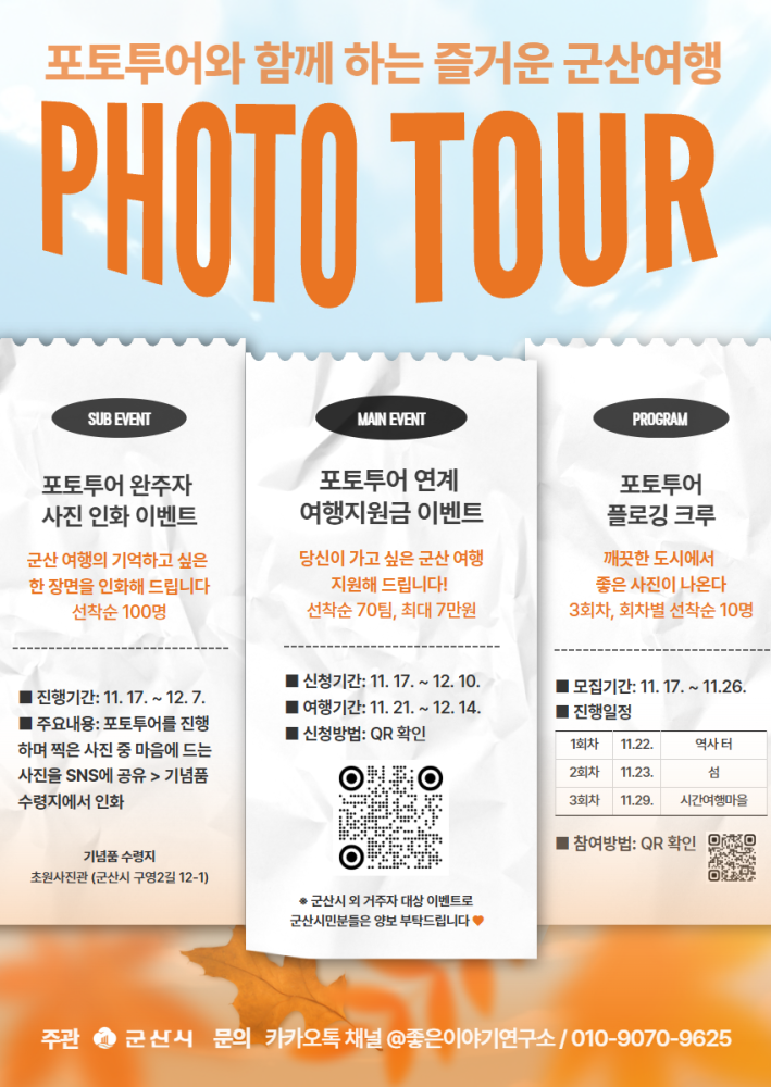 포토투어와 함께 하는 즐거운 군산여행 PHOTO TOUR’ 행사 포스터.
서브 이벤트: 포토투어 완주자 사진 인화 이벤트(11.17~12.7), SNS 공유 시 기념품 수령 후 사진 인화, 선착순 100명.
메인 이벤트: 포토투어 연계 여행지원금 이벤트(11.17~12.10 신청, 11.21~12.14 여행), 최대 7만원 지원, 선착순 70명.
프로그램: 포토투어 플로깅 크루(11.17~11.26 모집), 3회차 진행, 회차별 선착순 10명.
하단에 주관: 군산시, 문의: 카카오톡 채널 좋은이야기연구소 / 010-9070-9625