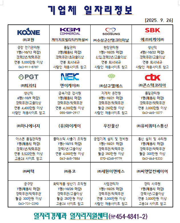 기업체일자리정보(9.26.)