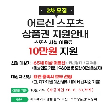 2차모집 어르신 스포츠 상품권 지원안내
스포츠 시설 이용료 
10만원 지원
신청 대상자:65세 이상 어르신(1차신청자 소급적용), (출생연도 기준, 1960년생 포함 이전 출생자)
대상자 선정:요건 충족시 모두선정 (단, 지자체별 예산 범위 내에서 선착순 지급)
상품권지급 10월 이후( 사용기간 26.6.30까지) 
사용처 : 제로페이 가맹점 중 어르신스포츠상품권 사용처