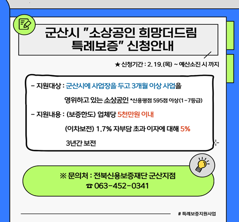 <군산시 소상공인 희망더드림 특례보증 신청 안내>
-지원내용 :(보증한도) 업체당 5천만원 이내
  (이차보전) 1.7% 자부담 초과 이자에 대해 5% 3년간 보전
- 지원자격 : 신용평점이 595점 이상(1~7등급)이며, 군산시에 사업장을 두고 사업자등록일로부터 3개월 이상 운영하는 소상공인
- 신청기간 : 2026년 2월 19일 ~ 예산 소진시까지
- 문 의 처 : 전북신용보증재단 군산지점(452-0341)